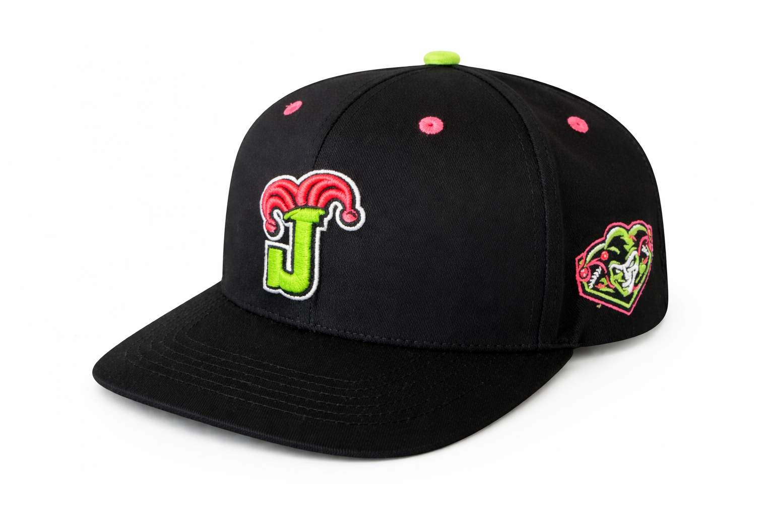 Custom black snapback with embroidered Jokers logo