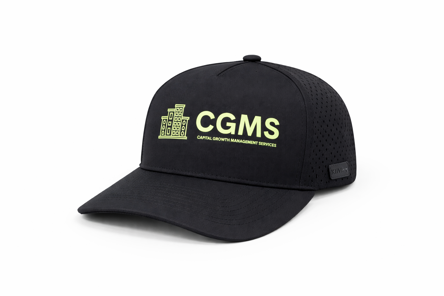 Black performance cap with CGMS Capital Growth Management Services logo
