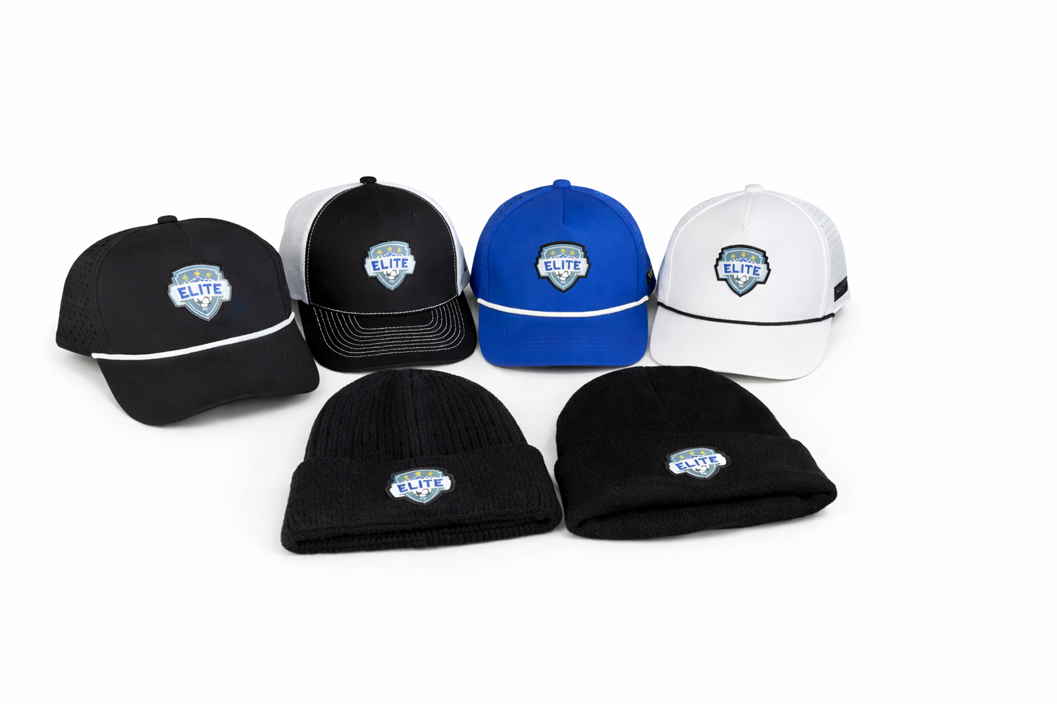 Elite soccer team hat and beanie collection in multiple colors