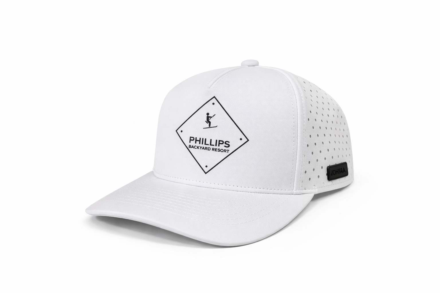 White performance cap with Phillips Backyard Resort patch