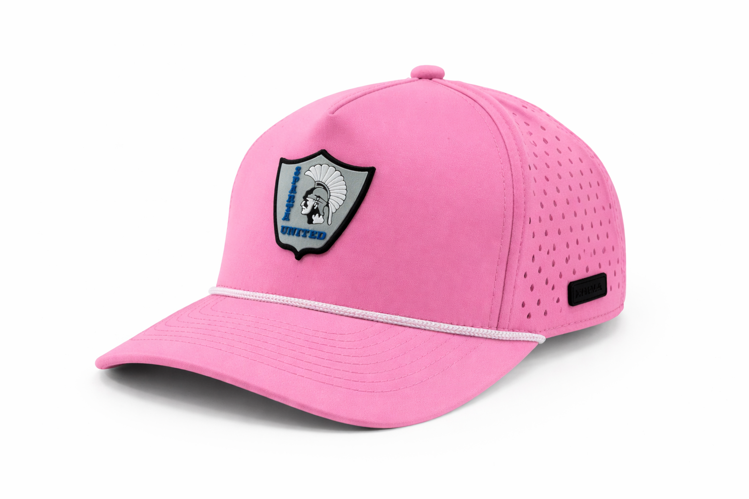 Custom pink performance cap with Spartan United patch