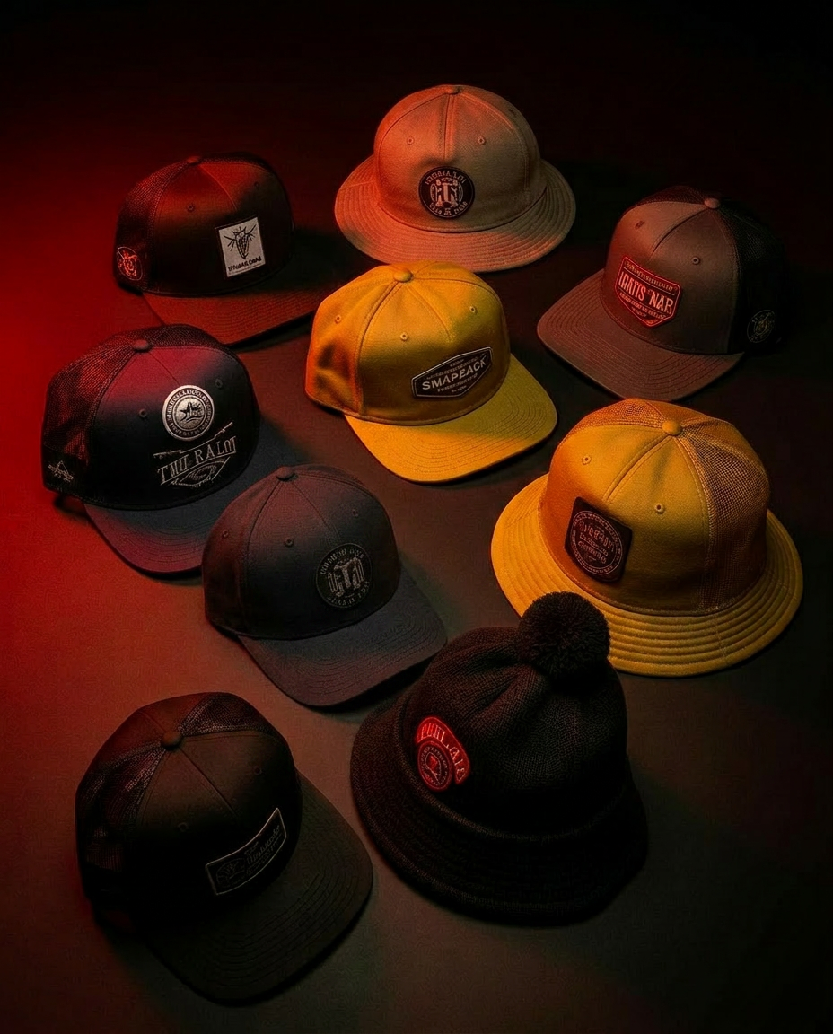 Team of friends wearing matching custom hats celebrating together